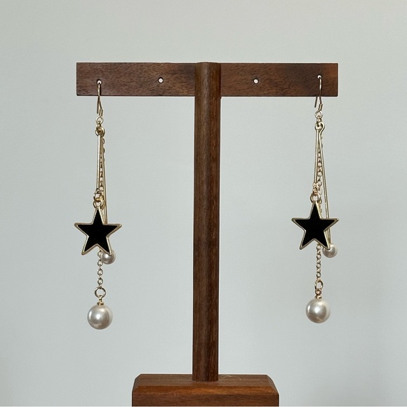 Jewelry - 3/$20 Gold Chain Black Stars Pearls Drops Long Dangling Earrings